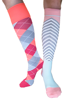 Two different coloured compression socks