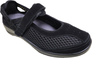 Orthofeet Sanibel. black mesh shoe, closed toe, open top, strap across the top of the foot, full back with an extra strap